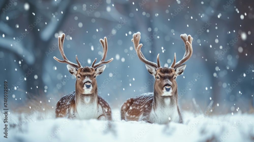 a couple of deer standing next to each other on top of a snow covered ground with trees in the background. a couple of deer standing next to each other on top of a snow covered ground with trees in the background.