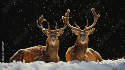 a couple of deer standing next to each other on top of a snow covered field with snow falling down on them.