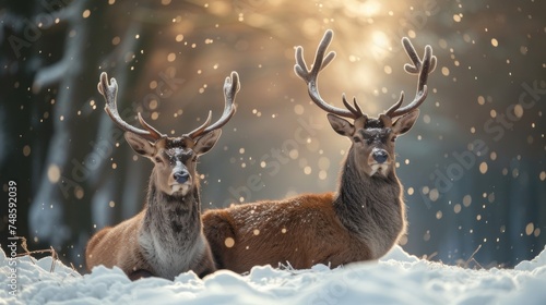 a couple of deer standing next to each other on a snow covered field in front of a forest filled with trees.