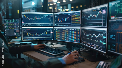 Working with real-time stocks on a computer with multiple monitors is a financial analyst. © Jaroon