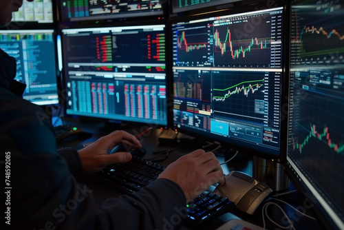 Working with real-time stocks on a computer with multiple monitors is a financial analyst. © Jaroon