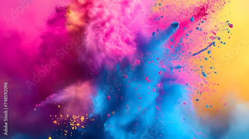 Vibrant colorful splashing powder from the center of image on pink and yellow background. Suitable for overlaid quote or text on it for Holi festival presentations or banner design.