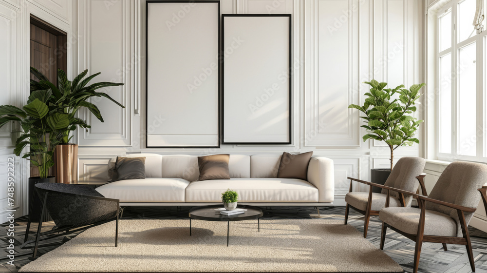 Fototapeta premium Sunlight, room and serene ambiance for chill vibes, natural light and a calming atmosphere. Soft shadows, streaming sunlight and cozy furnishings create an idyllic space. Perfect for home decor blogs