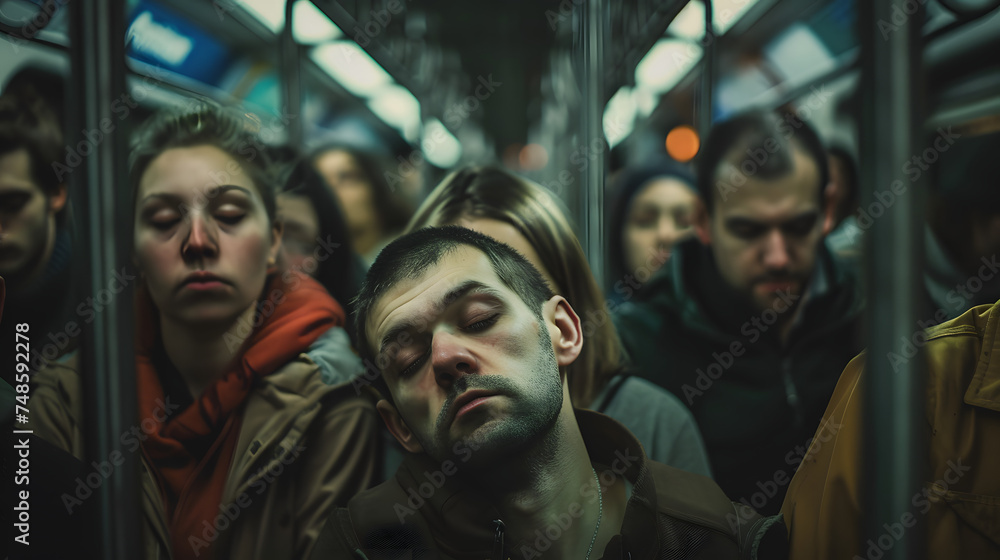 Tired depressed people in subway, rush hour Tired depressed people in subway, rush hour