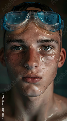 Portrait of a swimmer in a cap and mask halflength portrait young athlete swimmer wearing a cap and mask photo