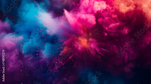 Vibrant colorful splashing powder from the center of image on black background. Suitable for overlaid quote or text on it for Holi festival presentations or banner design. photo