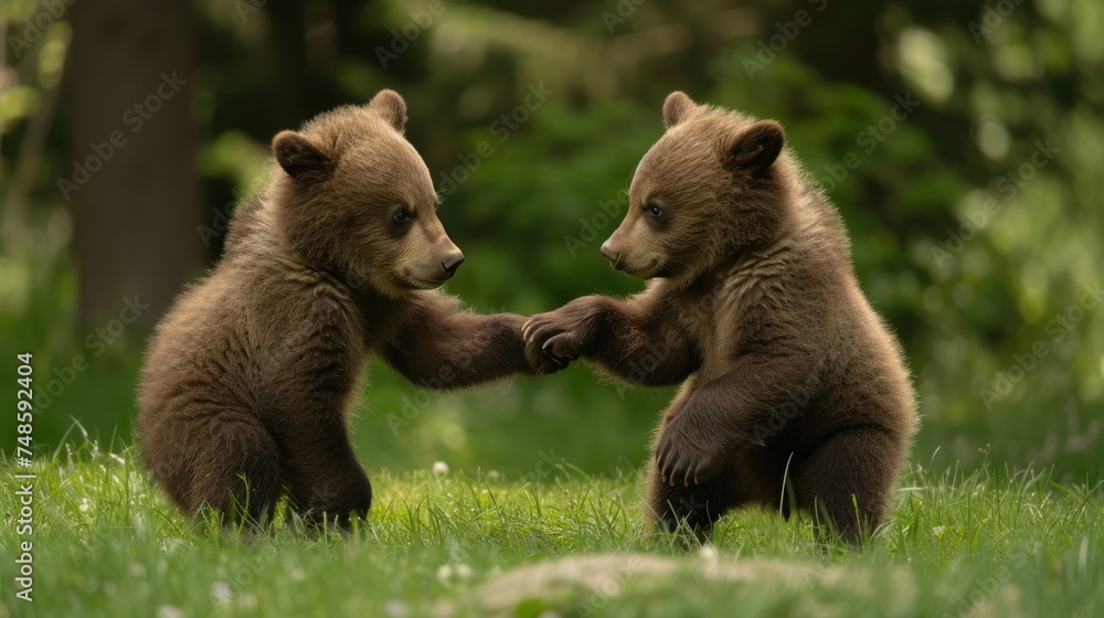 Obraz premium a couple of brown bears standing next to each other on top of a lush green grass covered grass covered field.