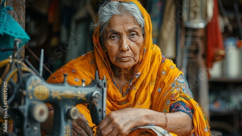 An Indian woman sewing clothes with sewing machine