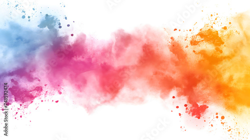 Vibrant colorful splashing colors from the center of image in horizontal line on white background. Suitable for overlaid quote or text on it for Holi festival presentations or banner design.