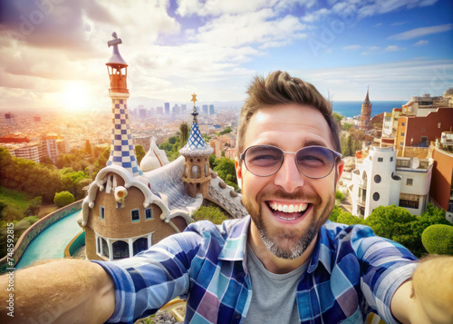 Cheerful Tourist Captures Selfie at Park Guell, Barcelona, Spain: Smiling Man Embraces Vacation Memories photo