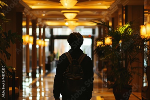 tourist walking in the hotel lobby, seen from behind tourist walking in the hotel lobby