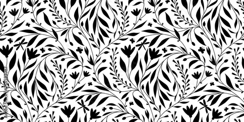 Abstract pattern of herb blooming and dragonfly on white background. Black and white springtime pattern. Seamless floral pattern with flowers and butterflies on white background.
