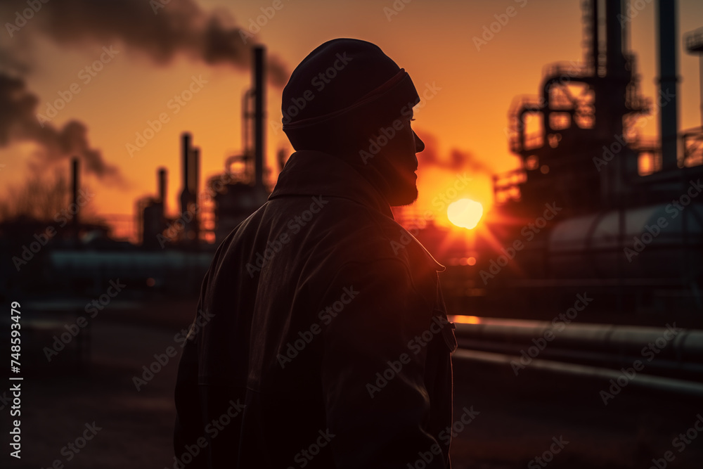 Oil crude and gas refineries. Worker in a Hard construnction helmet at Oil refinery plant with smoking chimneys. Gas Processing Plant. Pipes of natural gas factory. Oil refining and Petrochemical. Oil crude and gas refineries. Worker in a Hard construnction helmet at Oil refinery plant with smoking chimneys. Gas Processing Plant. Pipes of natural gas factory. Oil refining and Petrochemical.