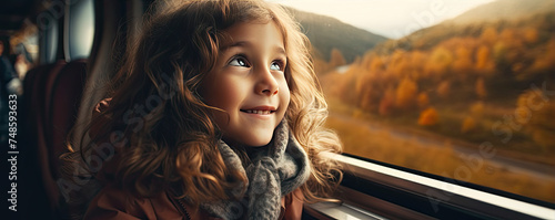 Little girll in train lookin from window at nature land. Children travel in train concept. © Michal