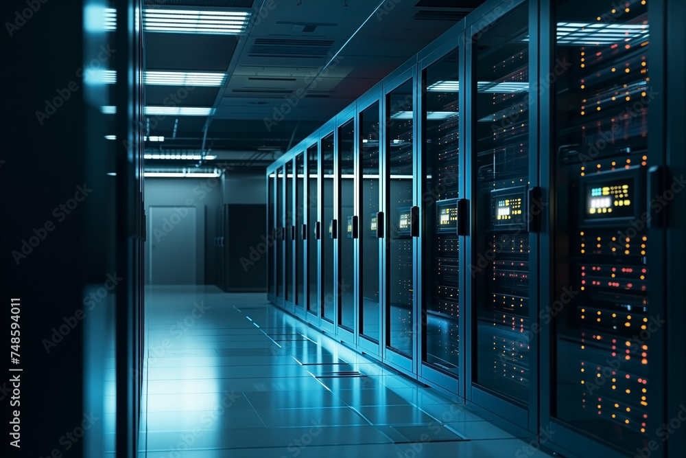Fototapeta premium Server room at a data center with a futuristic vibe.