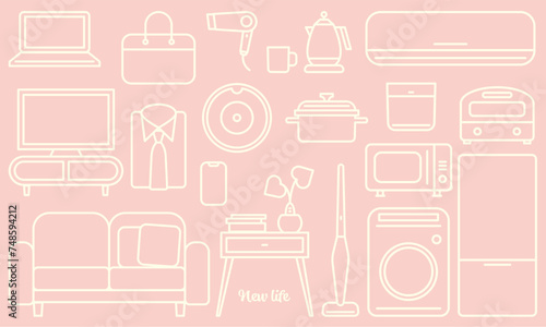 新生活 シンプルな家具や家電のイラスト素材セット ベクター 春 かわいい