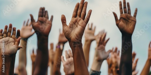 Many afro American hands rising up photo