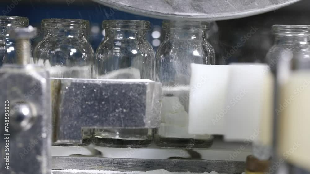 Vidéo Stock Injection making process glass vial filling scene. bottles moving on a conveyor belt