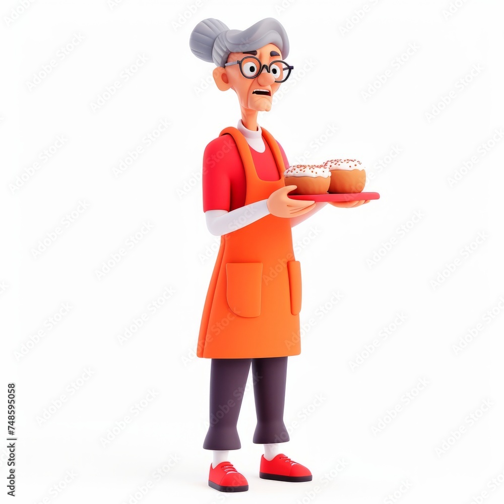 Elderly woman clay animation character wearing a chef's toque and apron, presenting a dish with pride, on an isolated white background, Generative AI Elderly woman clay animation character wearing a chef's toque and apron, presenting a dish with pride, on an isolated white background, Generative AI