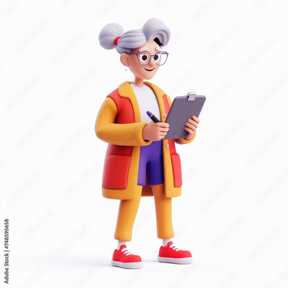 Elderly woman clay animation character wearing a teacher's cardigan and glasses, writing on a chalkboard, on an isolated white background, Generative AI Elderly woman clay animation character wearing a teacher's cardigan and glasses, writing on a chalkboard, on an isolated white background, Generative AI