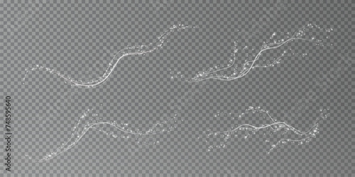 Holiday decor element in the form of a glowing white sakura branch. Abstract glowing dust. Christmas background made of luminous dust. Vector png. Floating cloud of holiday bright little dust.
