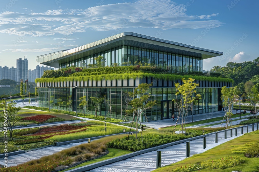 A sustainable industrial site with green roofs, solar panels, and innovative waste recycling systems.