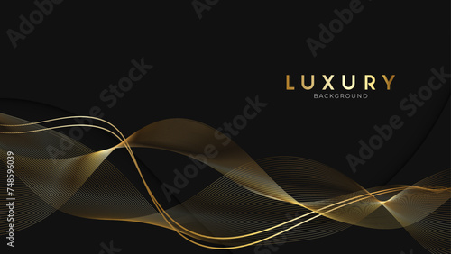 Abstract black background with gold lines curved wavy with copy space for text. Luxury style template design. Vector illustration.