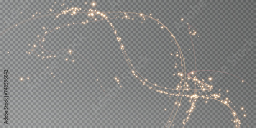 Festive decoration in the form of luminous flying wind surrounded by light dust and golden lines. Light effect for ceremonies, awards, prizes, motivations, invitations, banners, cards, videos.