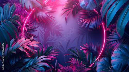 Modern trendy neon glowing light with neon blue palm tropical leaves on a violet background. Design template. Frame with copy space for text. Top view, flat lay.