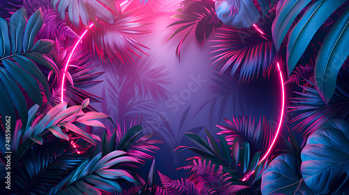 Wallpaper Mural Modern trendy neon glowing light with neon blue palm tropical leaves on a violet background. Design template. Frame with copy space for text. Top view, flat lay. Torontodigital.ca