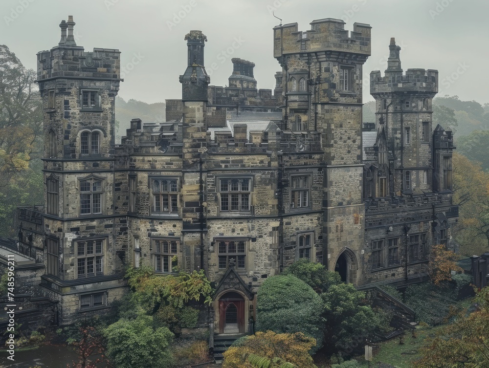 Gothic Mill Towers rise majestically above the land, evoking industrial opulence with ornate stonework and windows.