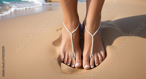 Female feet with flat band sandals standing in sand on the beach. Seen from above.