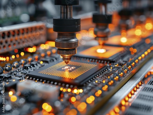 High-Tech Electronics Factory, Precision machinery and skilled workers assemble intricate electronic devices, from smartphones to advanced computing systems