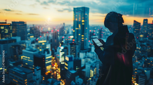Digital Nomad at Work: An image of a person working on their smartphone with a bustling cityscape behind them, showcasing the seamless connection between work and the urban environ