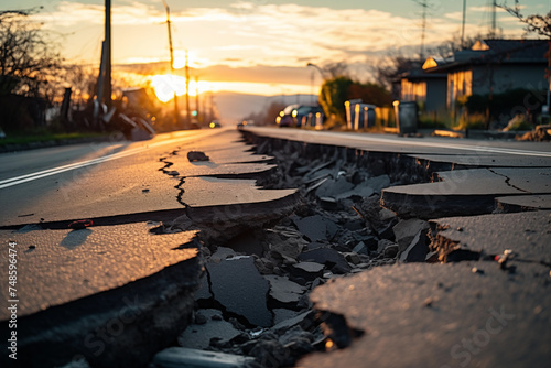 Road collapses with huge cracks. Earthquake.
