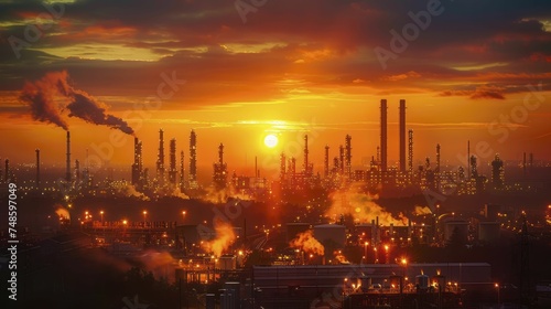Sunrise over industrial plant, the dawn's first light casts golden glow on sprawling complexes, signaling day's production start.