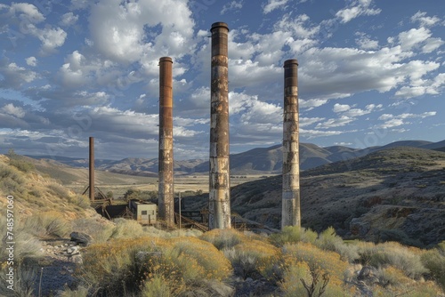 Imposing remnants of metal smelting operations, towering smokestacks signify raw material transformation. © Manyapha