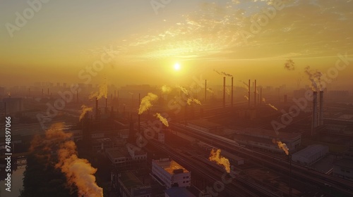 Sunrise illuminates the industrial complex, ushering in a new day of production with its golden glow over the sprawling facilities.