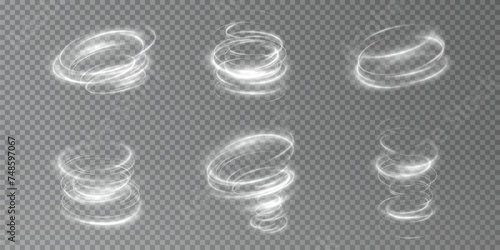 Vector tornado white, winter whirlwind white , light funnel white , swirling white lines light. Festive design element. Vector png.