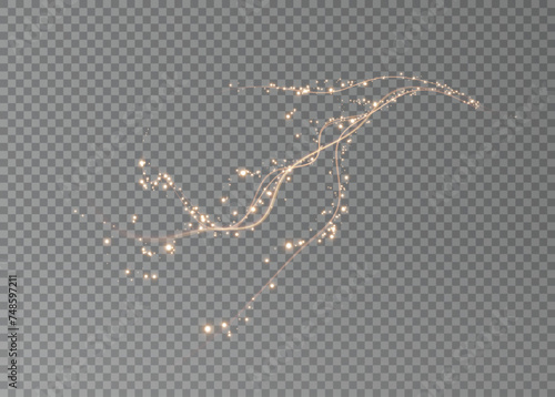 Holiday decor element in the form of a glowing sakura branch. Abstract glowing dust. Christmas background made of luminous dust. Vector png. Floating cloud of holiday bright little dust.