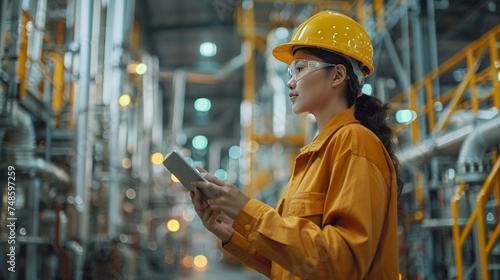 Asia oil and gas production control engineer or supervisor with digital pad monitoring natural gas supply and distribution in refinery Installation view of natural gas refinery pipes 