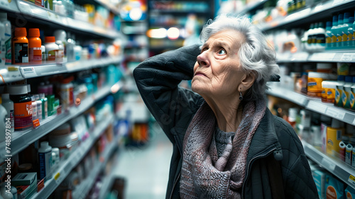 Old lady concerned with high food prices and inflation in pharmacy