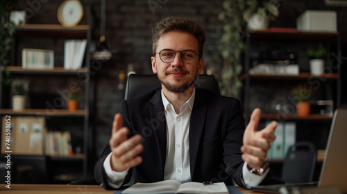 Portrait of a young businessman, a business coach conducts training and online training, professional development. Sitting in the office at the table in front of the camera, gesturing with his hands