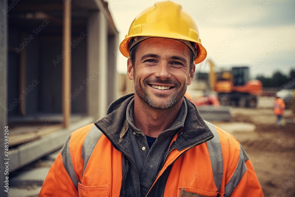 Happy attractive Male Construction contractor posing in front of a construction site looking at the camera, smirking Happy attractive Male Construction contractor posing in front of a construction site looking at the camera, smirking