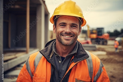 Happy attractive Male Construction contractor posing in front of a construction site looking at the camera, smirking