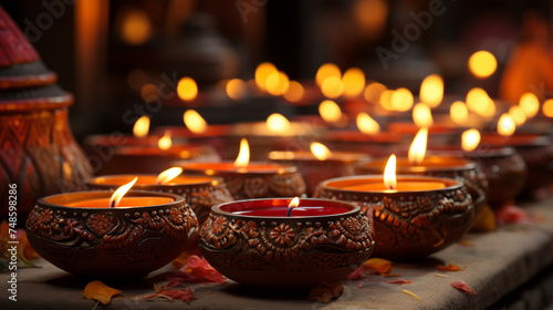 Clay diya lamps lit during diwali celebration