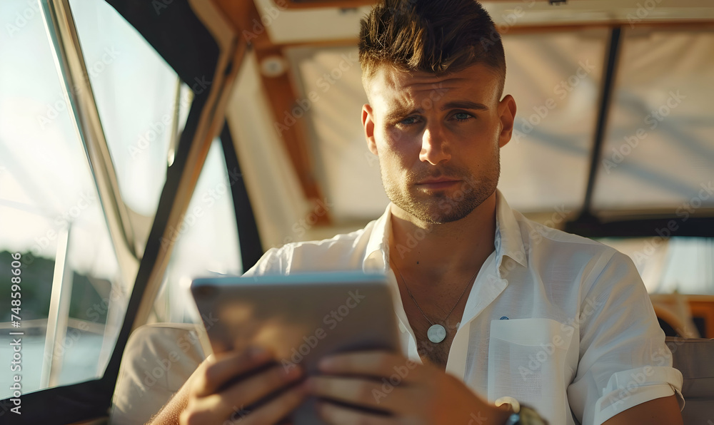 Serious and peaceful guy sits on board of yacht. Handsome man holds and looks at tablet - obrazy, fototapety, plakaty 