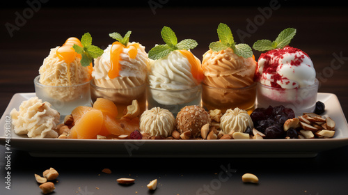 Delicious Ice Cream Selection With Fruits And Nuts Dessert