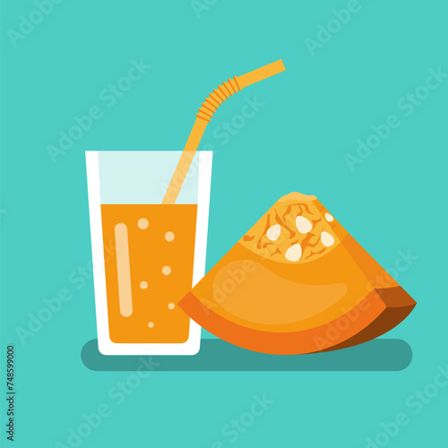 Pumpkin Fresh. Cocktail smoothie. Template for menu or banner for healthy eating. Fresh energetic drink for healthy life. Pumpkin juice in glass bottle with straws. Vector flat design.