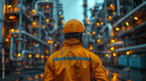 Engineer in uniform and helmet is behind small power plants at construction sites in Asia. 